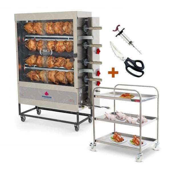 Imagem de Assador de Frango Gás 4 Espetos Tubular Pr-623 + Tesoura + Carrinho Inox + Injetor de Temperos