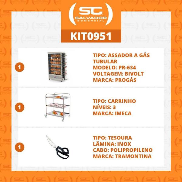 Imagem de Assador de Frango Gás 6 Espetos Tubular Pr-634 Progás + Tesoura Tramontina + Carrinho Inox Imeca