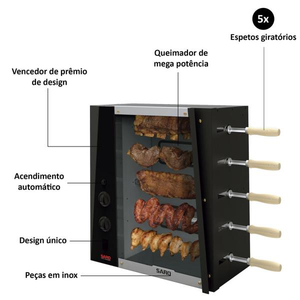 Imagem de Assador Rotativo de 5 Espetos a Gás GLP Saro Preto