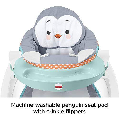 Imagem de Assento de chão Fisher-Price Sit-Me-Up com bandeja, cadeira infantil portátil com tema de pinguim com bandeja de lanches e brinquedos