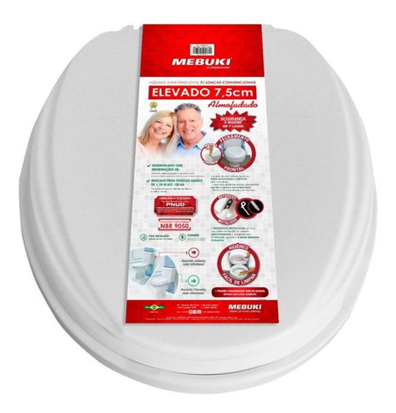 Imagem de assento elevado branco almofadado p/ vaso sanitário Oval 7,5 cm c/ tampa p/idosos e def.