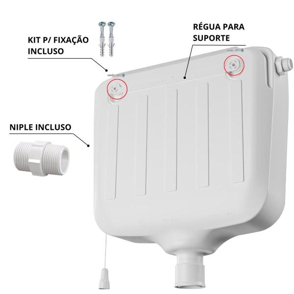 Imagem de Assento Sanitário Almofadado +Caixa de Descarga Elevada 9L Branca + Tubo de Descida + Espude + Engate+  Fita Veda Rosca