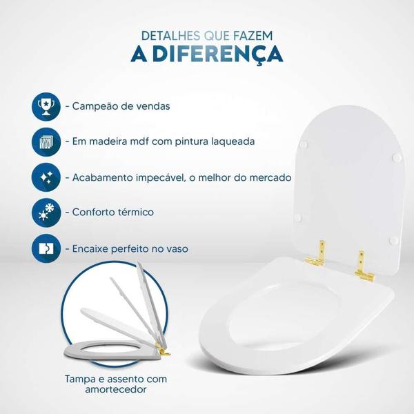 Imagem de Assento Sanitário com Amortecedor San Remo Branco para vaso Hervy com Ferragem Dourada