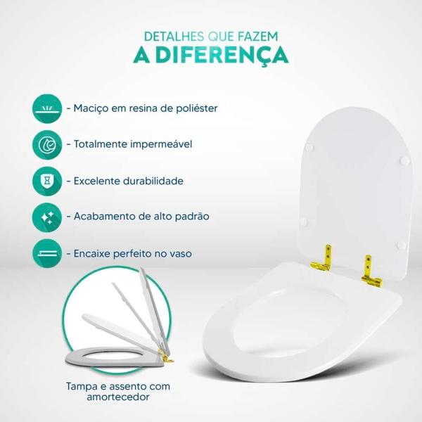 Imagem de Assento Sanitário Poliéster Soft Close Level Branco para Vaso Deca com Ferragem Dourada