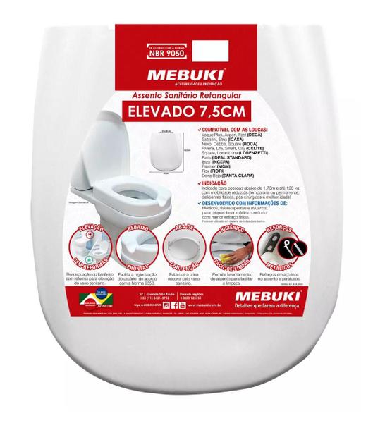 Imagem de Assento Sanitário Retangular Elevado 7,5cm Pcd Pne Branco