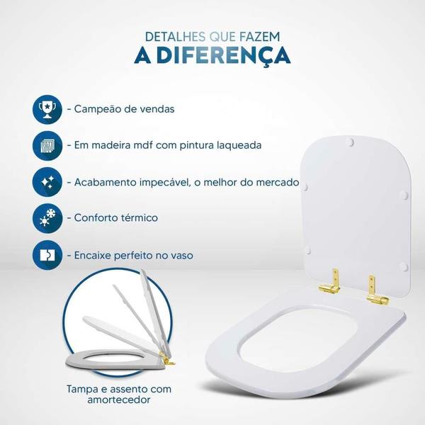 Imagem de Assento Sanitário Soft Close Unic Branco para vaso Deca com Ferragem Dourada