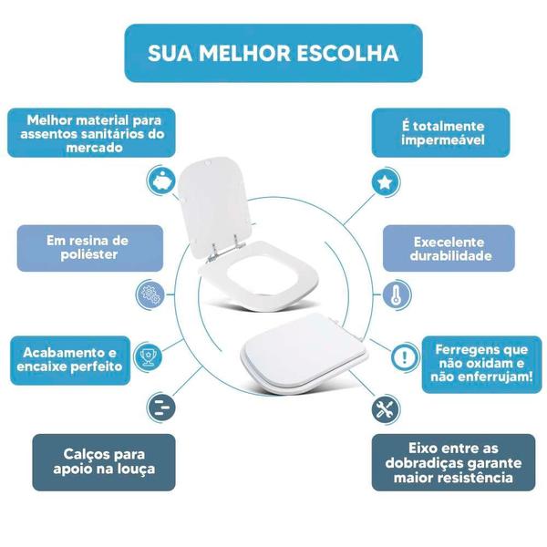 Imagem de Assento Sanitário Tampa de Vaso Branco Resina Poliester Quadra para bacia Deca