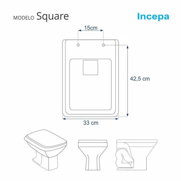 Imagem de Assento Sanitário Tampa de Vaso Madeira MDF Laqueado Square para bacia Incepa Quadrado 6lpf