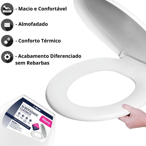 Assento Tampa Vaso Sanitário Oval Almofadado Branco + Kit Para Banheiro 5 Peças Cromado - Atlas Imagem de Assento Tampa Vaso Sanitário Oval Almofadado Branco + Kit Para Banheiro 5 Peças Cromado