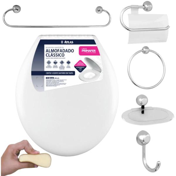 Assento Tampa Vaso Sanitário Oval Almofadado Branco + Kit Para Banheiro 5 Peças Cromado - Atlas Imagem de Assento Tampa Vaso Sanitário Oval Almofadado Branco + Kit Para Banheiro 5 Peças Cromado