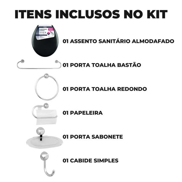 Assento Vaso Sanitário Almofadado Preto + Kit Banheiro 5 Pçs - Atlas Imagem de Assento Vaso Sanitário Almofadado Preto + Kit Banheiro 5 Pçs