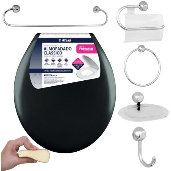 Assento Vaso Sanitário Almofadado Preto + Kit Banheiro 5 Pçs - Atlas Imagem de Assento Vaso Sanitário Almofadado Preto + Kit Banheiro 5 Pçs