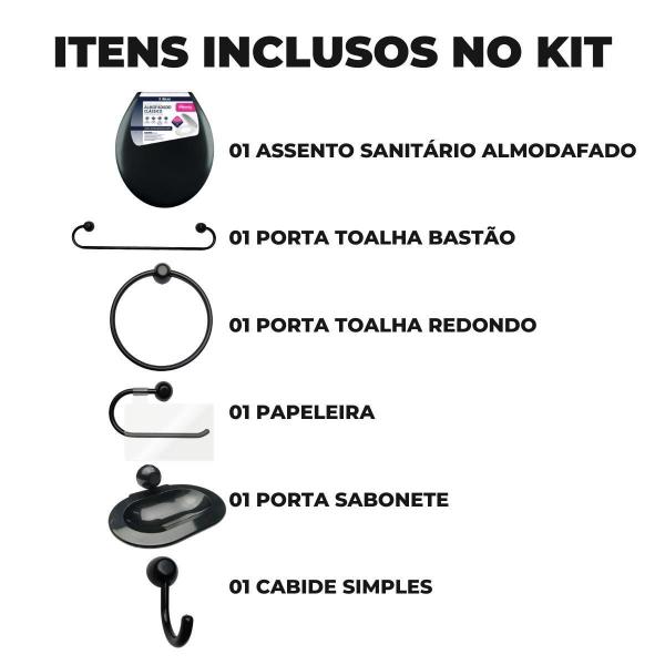 Imagem de Assento Vaso Sanitário Almofadado Preto + Kit Banheiro Preto