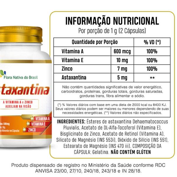 Imagem de Astaxantina + Vitamina A + Vitamina E + Zinco 500mg 60 Capsulas - Flora Nativa