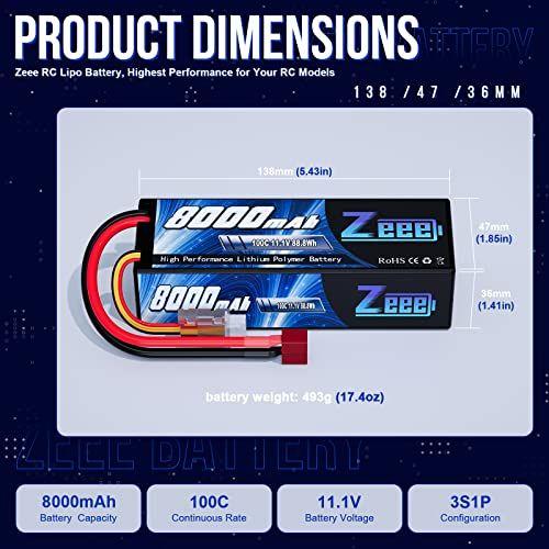 Imagem de ateria Zeee 3S 8000mAh 11.1V 100C para RC com T Plug Deans e Estojo Rígido