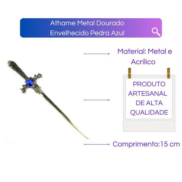 Imagem de Athame Metal Dourado Envelhecido 15 cm Pedra Azul