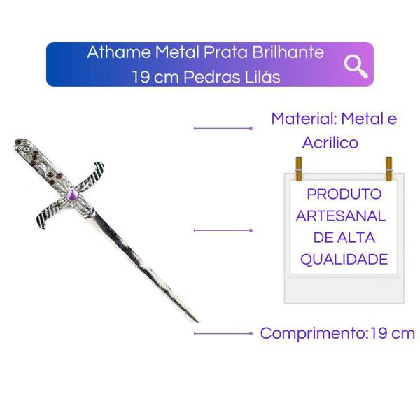 Imagem de Athame Metal Prata Brilhante 19 cm Pedra Lilás e Strass