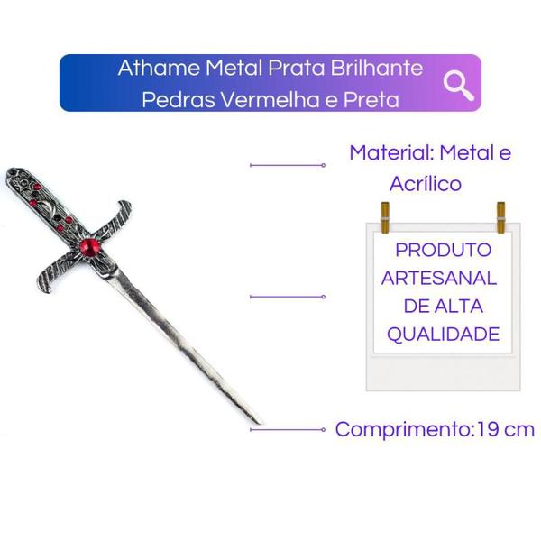 Imagem de Athame Prata Envelhecido 19 cm Pedras Vermelhas e Pretas