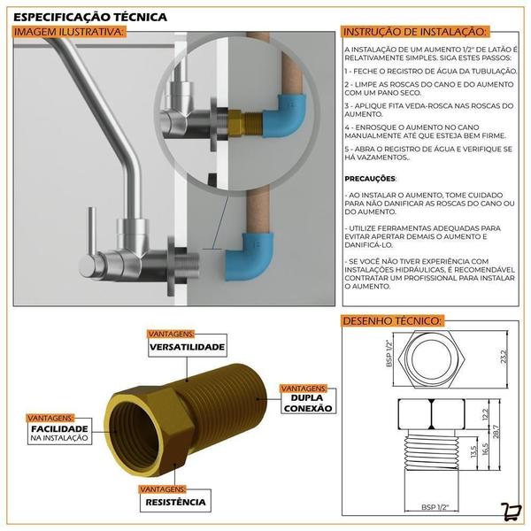 Imagem de Aumento Prolongador Curto Conexão Extensor Rosca 1/2 Dourado