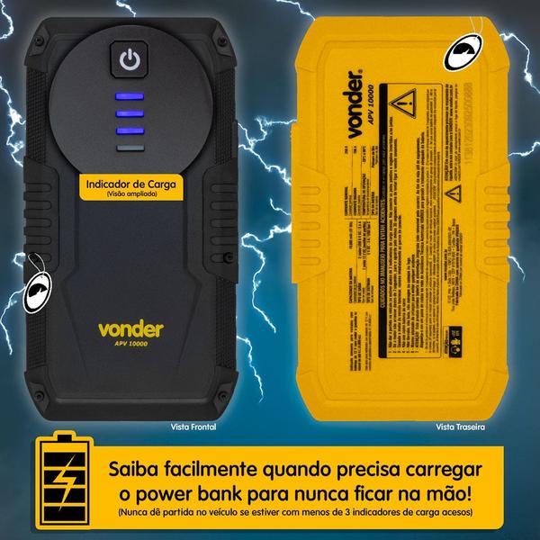 Imagem de Auxiliar Partida Portátil 12V Vonder p/ carros, motos, lanchas com lanterna USB