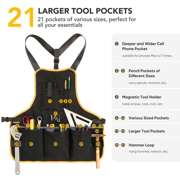 Avental de ferramentas de trabalho BRITEREE, comprimento do torso, com 21 bolsos para ferramentas Imagem de Avental de ferramentas de trabalho BRITEREE, comprimento do torso, com 21 bolsos para ferramentas