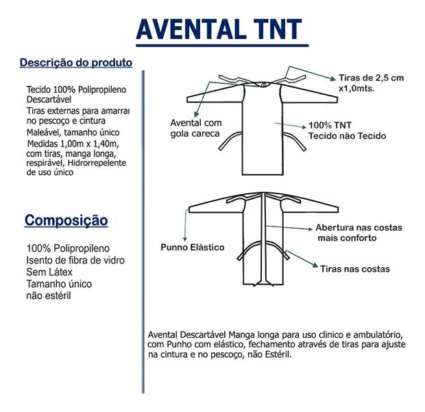 Avental Descartável Tnt C/ Manga Longa 20gr - Kit 100 Unid - R3A MEDICAL Imagem de Avental Descartável Tnt C/ Manga Longa 20gr - Kit 100 Unid