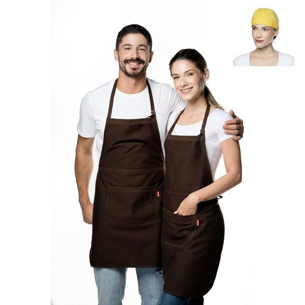 Avental profissional de Algodão cor Marrom e Bandana amarela - Utensilios do Chef Imagem de Avental profissional de Algodão cor Marrom e Bandana amarela