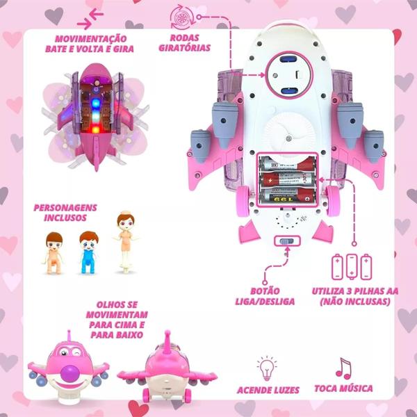 Imagem de Avião Aéreo Musical Rosa Bate E Volta Gira 360 Luzes 3d Personagem Avião Infantil Musical