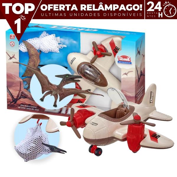 Imagem de Avião de Brinquedo c/ Rede de Caça e Dinossauro Pterodáctilo Helices Que Giram Colecionável Menino