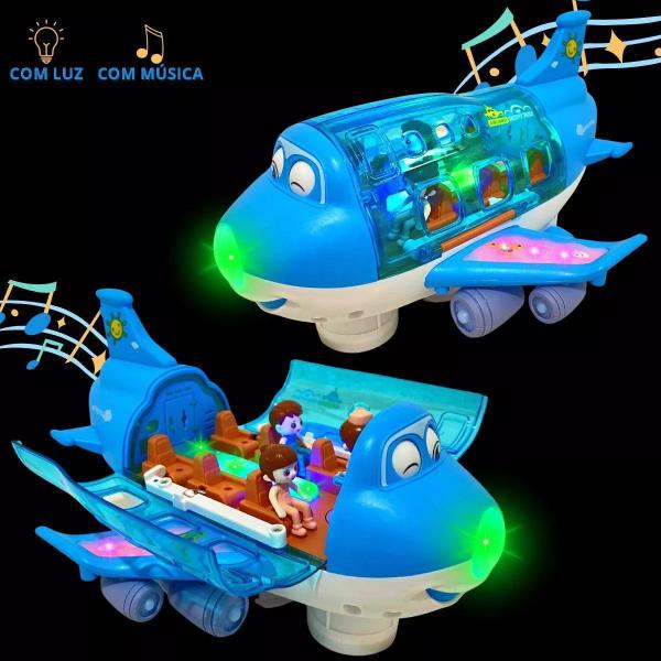 Imagem de Avião Infantil Brinquedo Musical Acende Luzes 3d Sensor Bate E Volta Gira 360