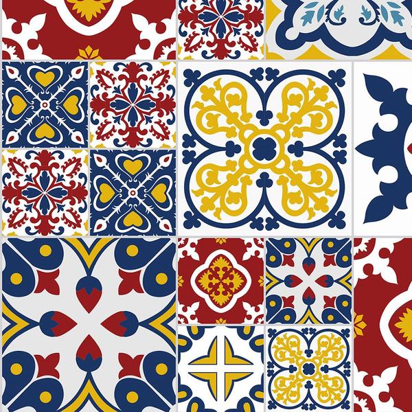 Imagem de Azulejo Adesivo Lavável Com Detalhes Em Azul Vermelho Amarelo E Branco Para Cozinha