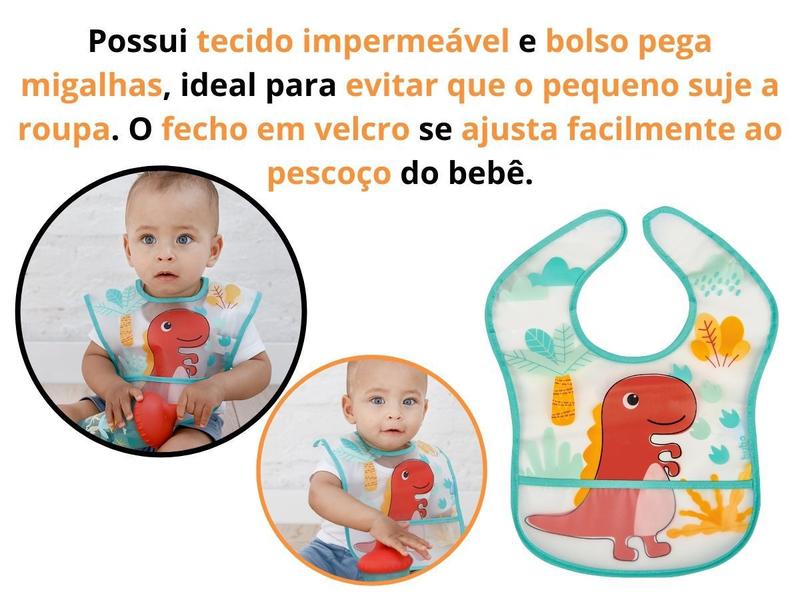 Imagem de Babador Bebê Impermeável Plástico Atoalhado Com Bolso Gatinho Tigrinho Lemure Arco Íris Dino Buba