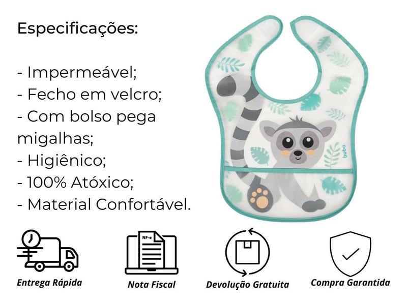 Imagem de Babador Bebê Impermeável Plástico Atoalhado Com Bolso Gatinho Tigrinho Lemure Arco Íris Dino Buba