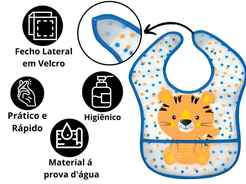 Imagem de Babador Bebê Impermeável Plástico Atoalhado Com Bolso Gatinho Tigrinho Lemure Arco Íris Dino Buba