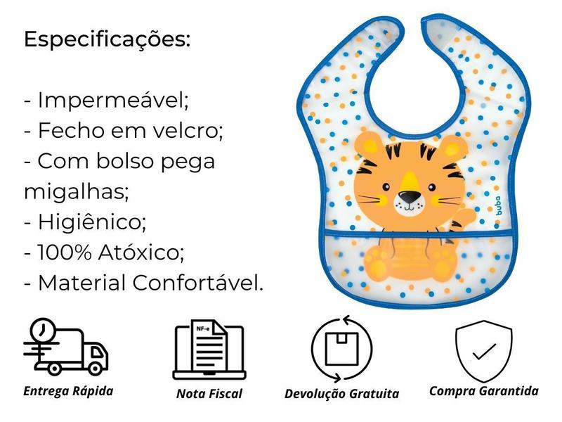 Imagem de Babador Bebê Impermeável Plástico Atoalhado Com Bolso Gatinho Tigrinho Lemure Arco Íris Dino Buba