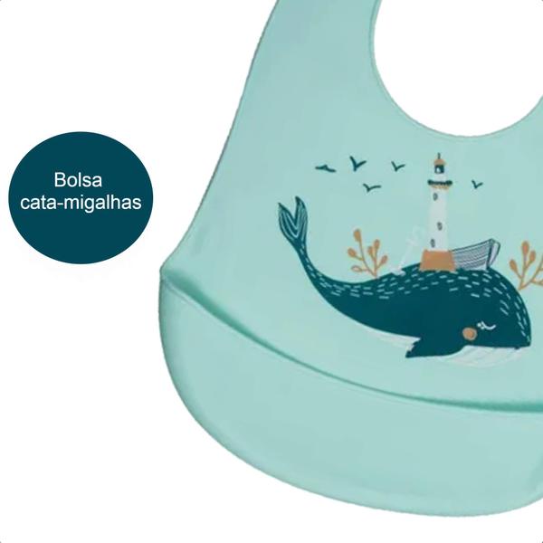 Imagem de Babador de Silicone Bichos Baleia Infantil Com Fecho ajustável Impermeável Bolso Cata-Migalhas Maleável KaBaby - 1049B