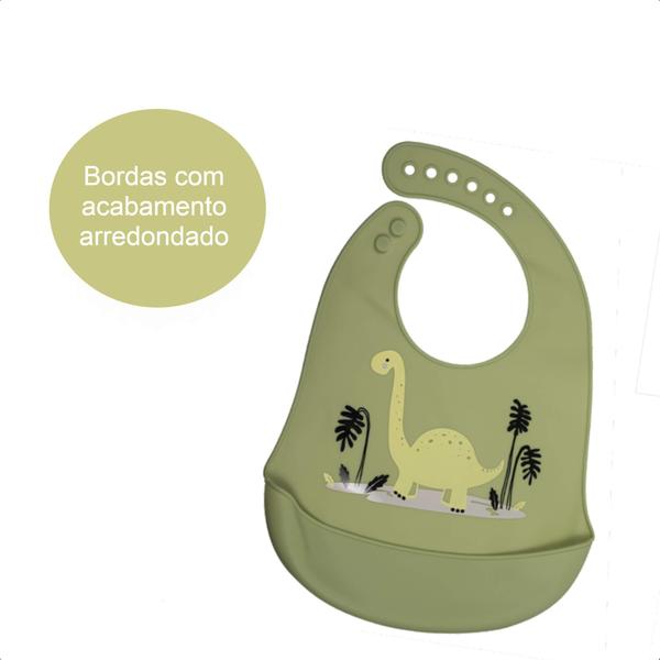 Imagem de Babador de Silicone Infantil Bichos Dino Maleável Fecho Ajustável Impermeável Possui bolso cata-migalhas KaBaby - 1049D