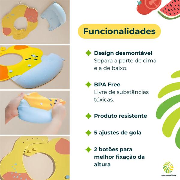 Imagem de Babador de silicone para bebês com bolso "segura" alimentos e botões para ajuste de altura (cor: Azul com amarelo)