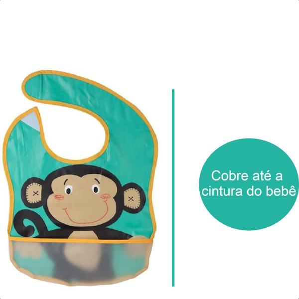 Imagem de Babador Divertido Infantil Impermeável Ajustável Com Bolso Cata-Migalhas Macaquinho KaBaby - 18907C