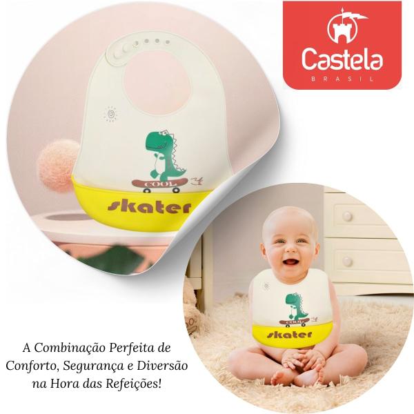 Imagem de Babador Infantil Dino Skatista Impermeável C/ Bolso pega Migalhas - Castela