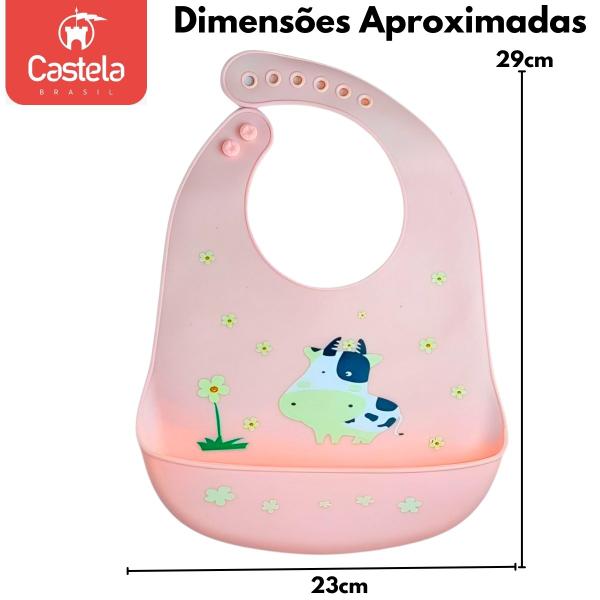 Imagem de Babador infantil Vaquinha Impermeável C/ Bolso pega migalhas Rosa - Castela