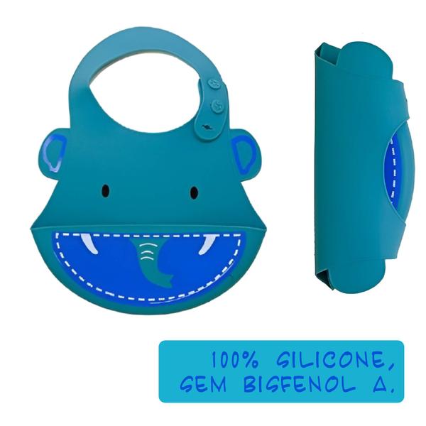 Imagem de Babador para bebê Infantil Silicone Elefante Azul com cata-migalhas Kababy - 1037E