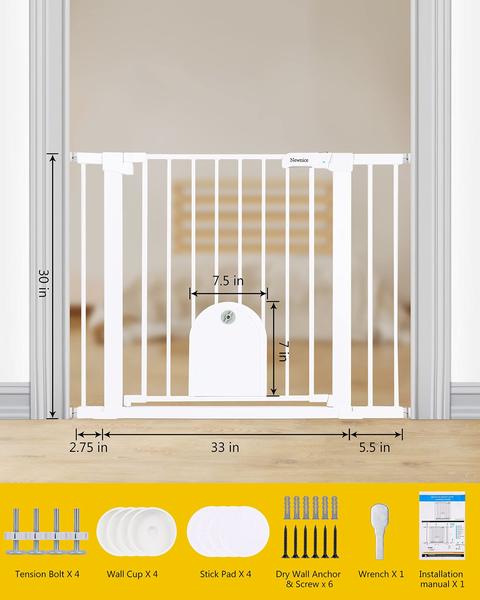 Imagem de Baby Gate Newnice Auto Close 75,4-103,1 cm com porta pequena para gatos