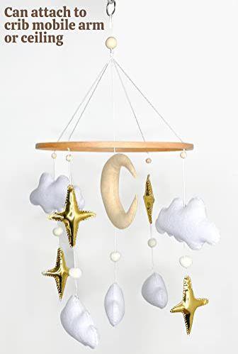 Imagem de Baby Mobile para Berço - Boho Baby Mobile Moderno - Berçário Móvel para Menina ou Menino - Nuvem Branca - Estrelas de Ouro - Feltro e Lua