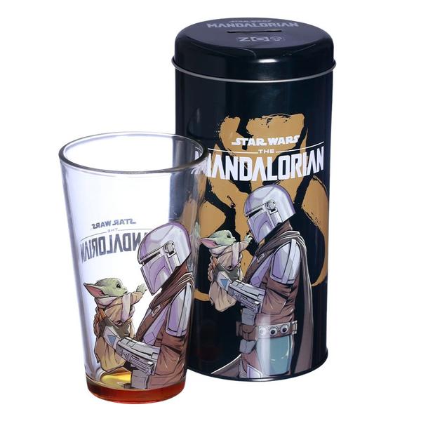 Imagem de Baby Yoda E Mandaloriano Kit Copo De Vidro 500ml + Cofre Metal Oficial Star Wars