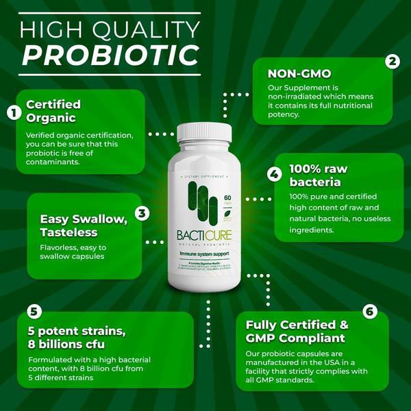 Imagem de Bacticure  Probióticos não centrifugados  Cultivado em frutas, vegetais e ervas que aumentam o sistema imunológico  Probióticos naturais  Total por frasco 60 Cápsulas   de Suporte ao Sistema Imunológico Fórmula Pro patenteada. (3)