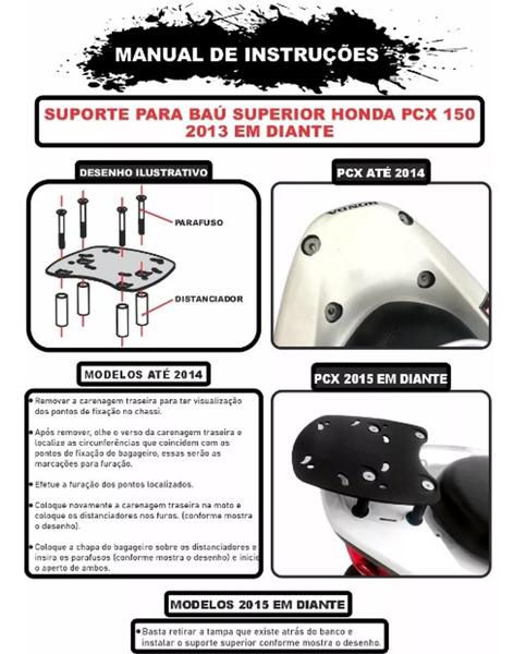 Bagageiro Suporte para baú superior Honda PCX 160 2022 2023 Preto - Awa Imagem de Bagageiro Suporte para baú superior Honda PCX 160 2022 2023 Preto