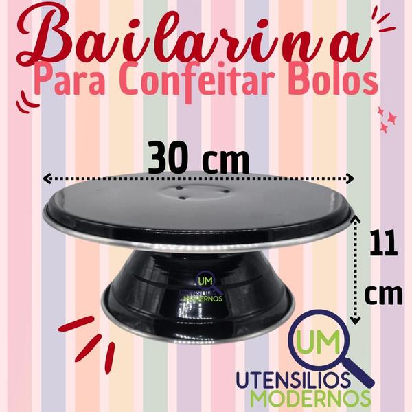 Imagem de Bailarina Giratória 30 cm Para Confeitar Bolos Alumínio Preto   Forma Redonda Reta 25 cm N4