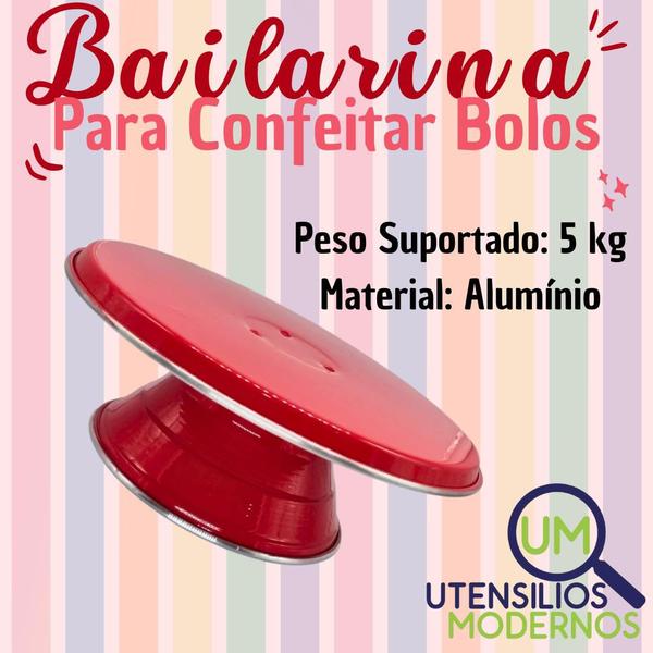 Imagem de Bailarina Giratória 30 cm Para Confeitar Bolos Alumínio Vermelho   Forma Redonda Reta 25 cm N4