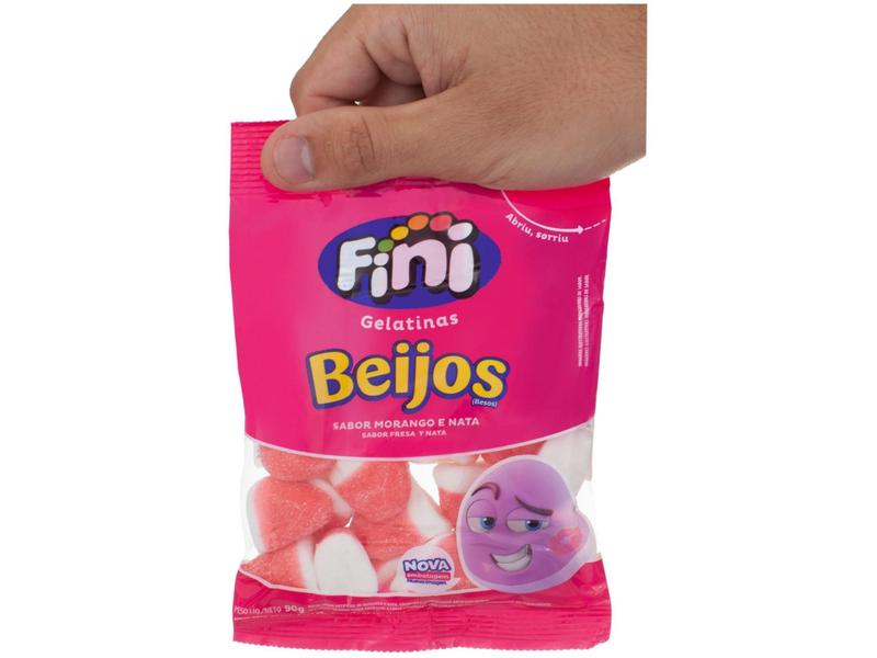 Bala de Gelatina Fini Beijos de Morango e Nata - 90g Pacote Imagem de Bala de Gelatina Fini Beijos de Morango e Nata - 90g Pacote
